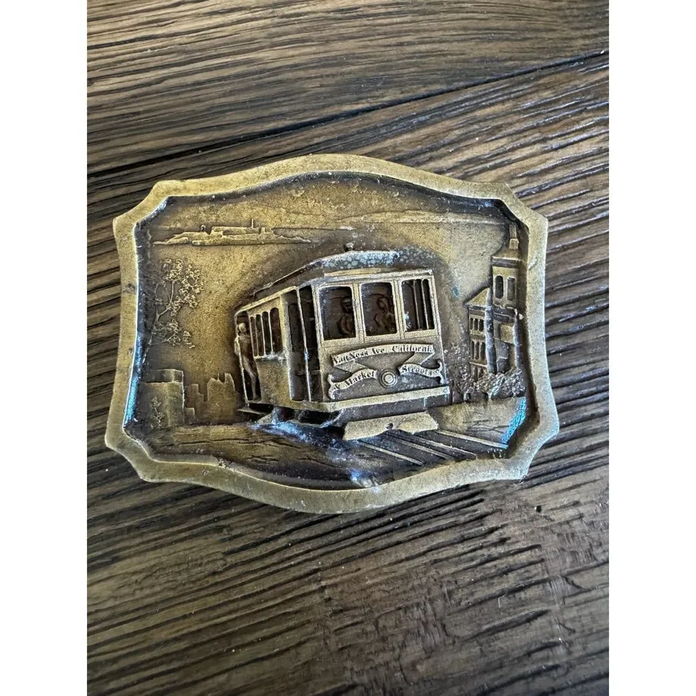 Vintage 1977 San Francisco cable car belt buckle; Indiana Metal Craft Co.